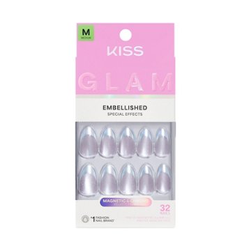 KISS GLAM Embellished Magnetic & Chrome Nails - Fairy Tale (Pink Almond Medium Nails), 32 ct