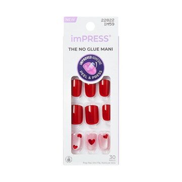 KISS imPRESS No Glue Manicure Nails -  Good 4 You (Pink & Red Squoval Short Nails), 30 ct