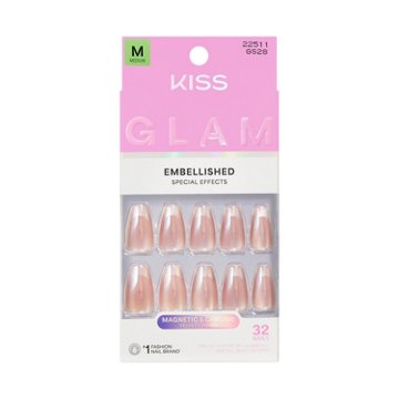 KISS GLAM Embellised Nails - Dusk Mirage (Beige Coffin Medium Nails), 32 ct