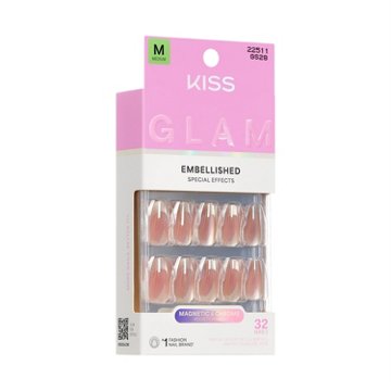 KISS GLAM Embellised Nails - Dusk Mirage (Beige Coffin Medium Nails), 32 ct