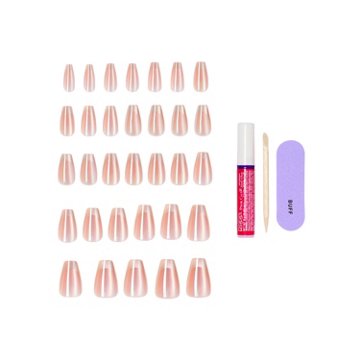 KISS GLAM Embellised Nails - Dusk Mirage (Beige Coffin Medium Nails), 32 ct