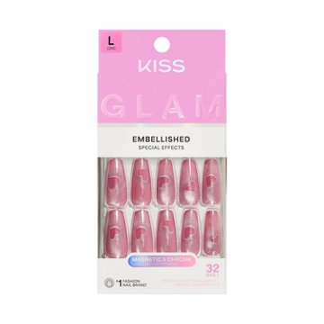 KISS GLAM Embellised Nails - Pink Sugar (Pink Coffin Long Nails), 32 ct