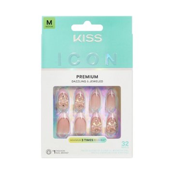 KISS ICON Premium Nails - Vibrant (Pink Almond Medium Nails), 32 ct