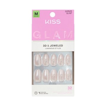 KISS GLAM 3D & Jeweled Nails - Ripple (Pink Almond Medium Nails), 32 ct