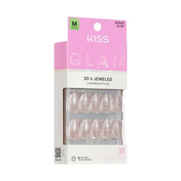 KISS GLAM 3D & Jeweled Nails - Ripple (Pink Almond Medium Nails), 32 ct