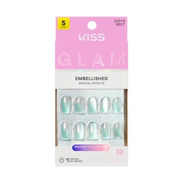 KISS GLAM Embellished Nails - Celestique (Blue Round Short Nails), 32 ct