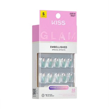 KISS GLAM Embellished Nails - Celestique (Blue Round Short Nails), 32 ct