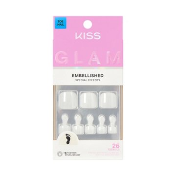 KISS GLAM Embellished Pedicure - Twinkle Toes (White Squoval Short Toenails), 26 ct
