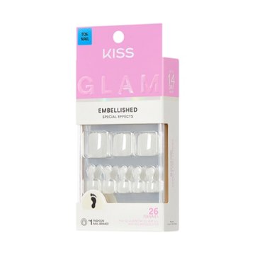 KISS GLAM Embellished Pedicure - Twinkle Toes (White Squoval Short Toenails), 26 ct