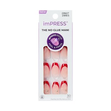 KISS imPPRESS No Glue Press-On Manicure Nails - Happy World (Red Coffin Medium Nails), 30 ct