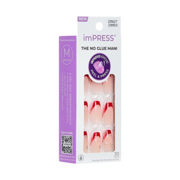 KISS imPPRESS No Glue Press-On Manicure Nails - Happy World (Red Coffin Medium Nails), 30 ct