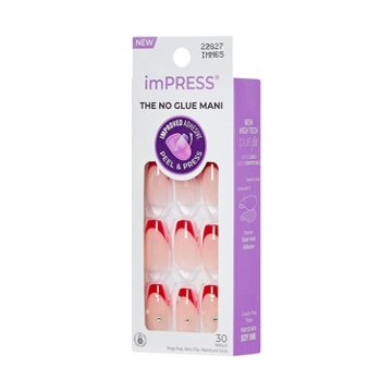 KISS imPPRESS No Glue Press-On Manicure Nails - Happy World (Red Coffin Medium Nails), 30 ct