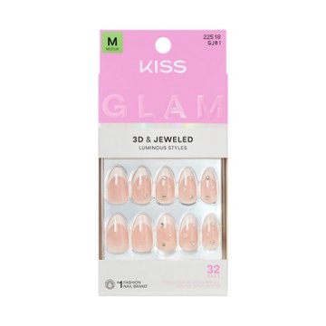 KISS GLAM 3D & Jeweled Nails - Serendipity Awaits (White Almond Medium Nails), 32 ct