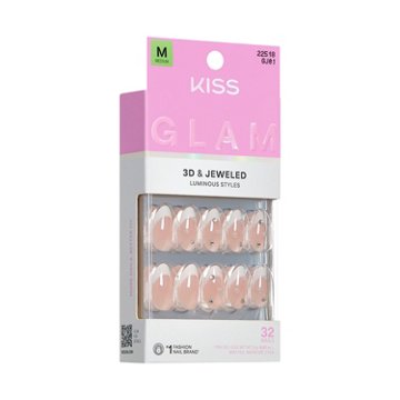 KISS GLAM 3D & Jeweled Nails - Serendipity Awaits (White Almond Medium Nails), 32 ct