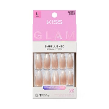 KISS GLAM Embellished Nails - Day N Night (Beige Almond Long Nails), 32 ct