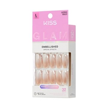 KISS GLAM Embellished Nails - Day N Night (Beige Almond Long Nails), 32 ct