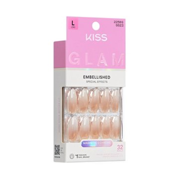 KISS GLAM Embellished Nails - Day N Night (Beige Almond Long Nails), 32 ct