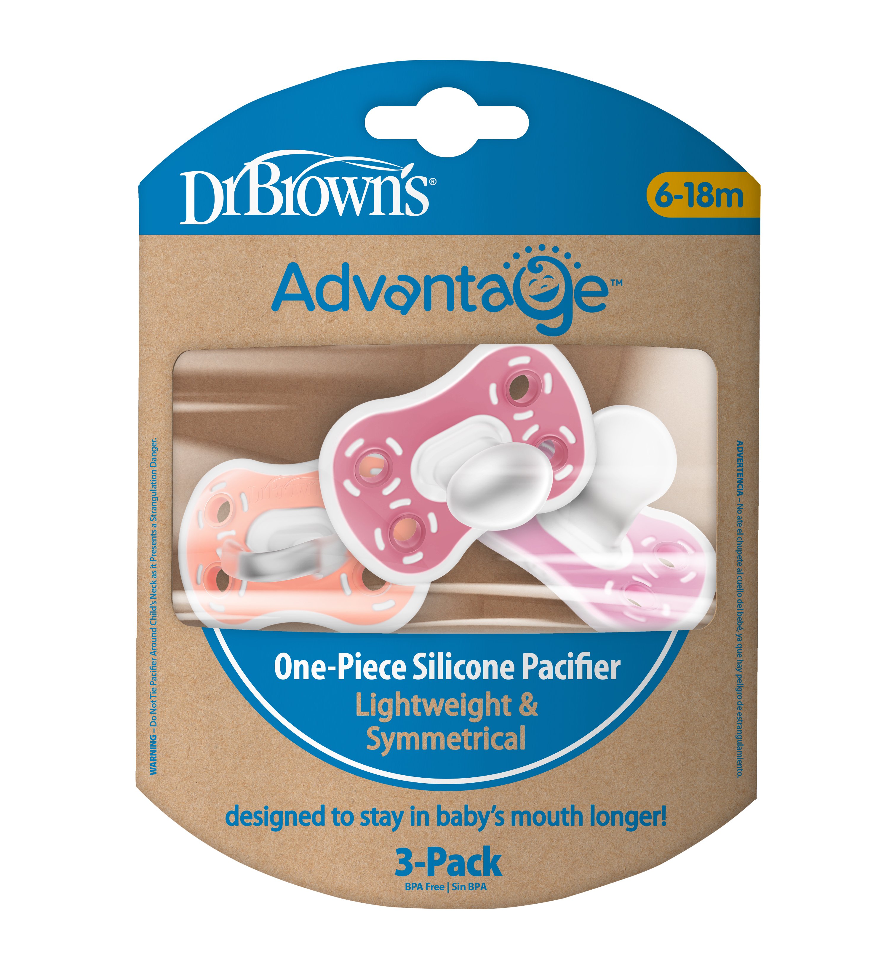 Dr Browns Advantage 1 Piece Silicone Pacifier for 6-18 Months - Pink ...