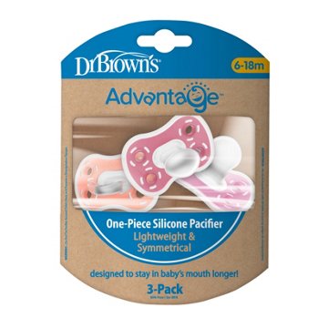 Dr Browns Advantage 1 Piece Silicone Pacifier for 6-18 Months - Pink, 3 ct