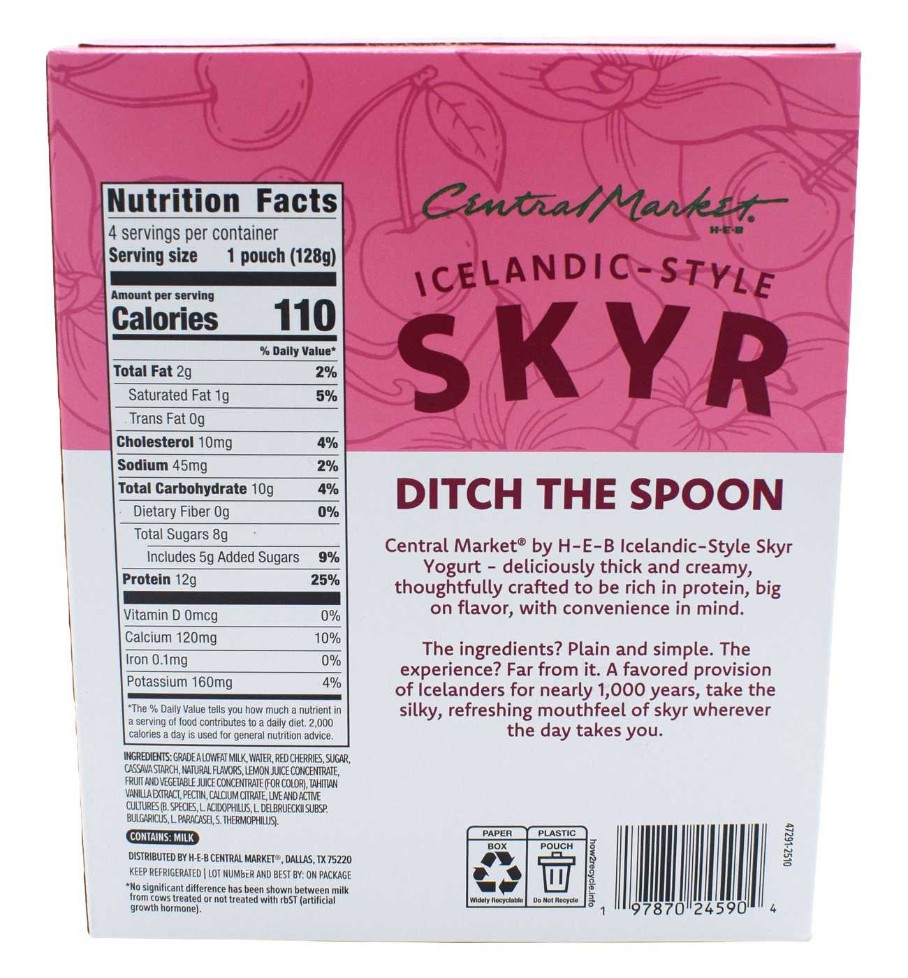 Central Market 12g Protein Skyr Lowfat Yogurt Pouch - Tart Cherry & Tahitian Vanilla; image 2 of 4