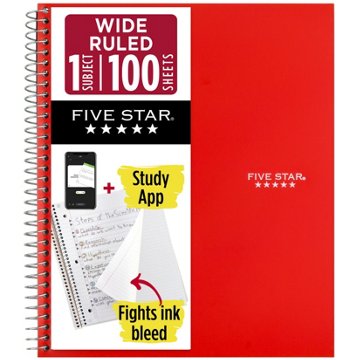 Five Star 1 Subject Wide Ruled Notebook - Red