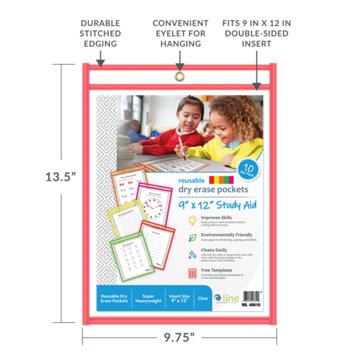 C-Line Reusable Dry Erase Pockets - Red, 9'' x 12''