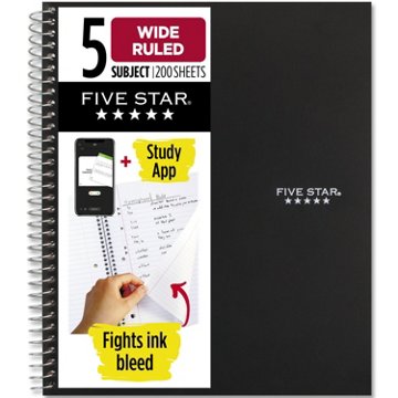 Five Star 5 Subject Wide Ruled Notebook Black
