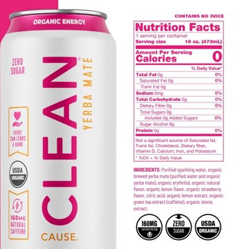 CLEAN Cause Zero Calorie Strawberry Lemonade Organic Sparkling Yerba Mate