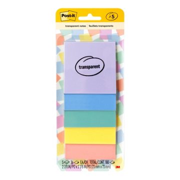 Post-it Transparent Notes, Pastel, 5 pk, 2.8'' x 2.8''