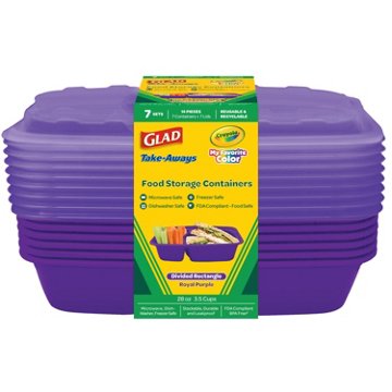 Glad x Crayola Take-Aways Divided Rectangle Food Containers & Lids - Royal Purple, 7 ct