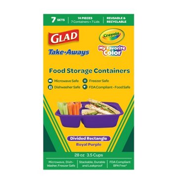 Glad x Crayola Take-Aways Divided Rectangle Food Containers & Lids - Royal Purple, 7 ct