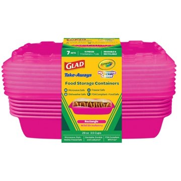 Glad x Crayola Take-Aways Rectangle Food Containers & Lids - Wild Strawberry, 7 ct