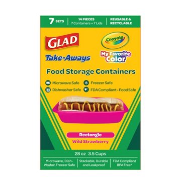 Glad x Crayola Take-Aways Rectangle Food Containers & Lids - Wild Strawberry, 7 ct