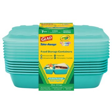 Glad x Crayola Take-Aways Divided Rectangle Food Containers & Lids - Robin's Egg Blue, 7 ct
