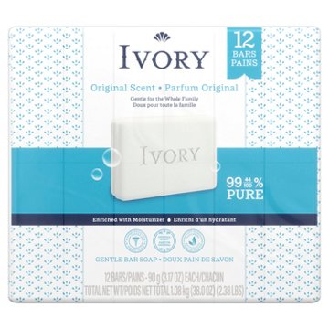Ivory Gentle Bar Soap, Designed for Whole Family, 99.44% Pure Formula, Plant-Based Cleansers, Original Scent, 3.17 oz (12 Count)