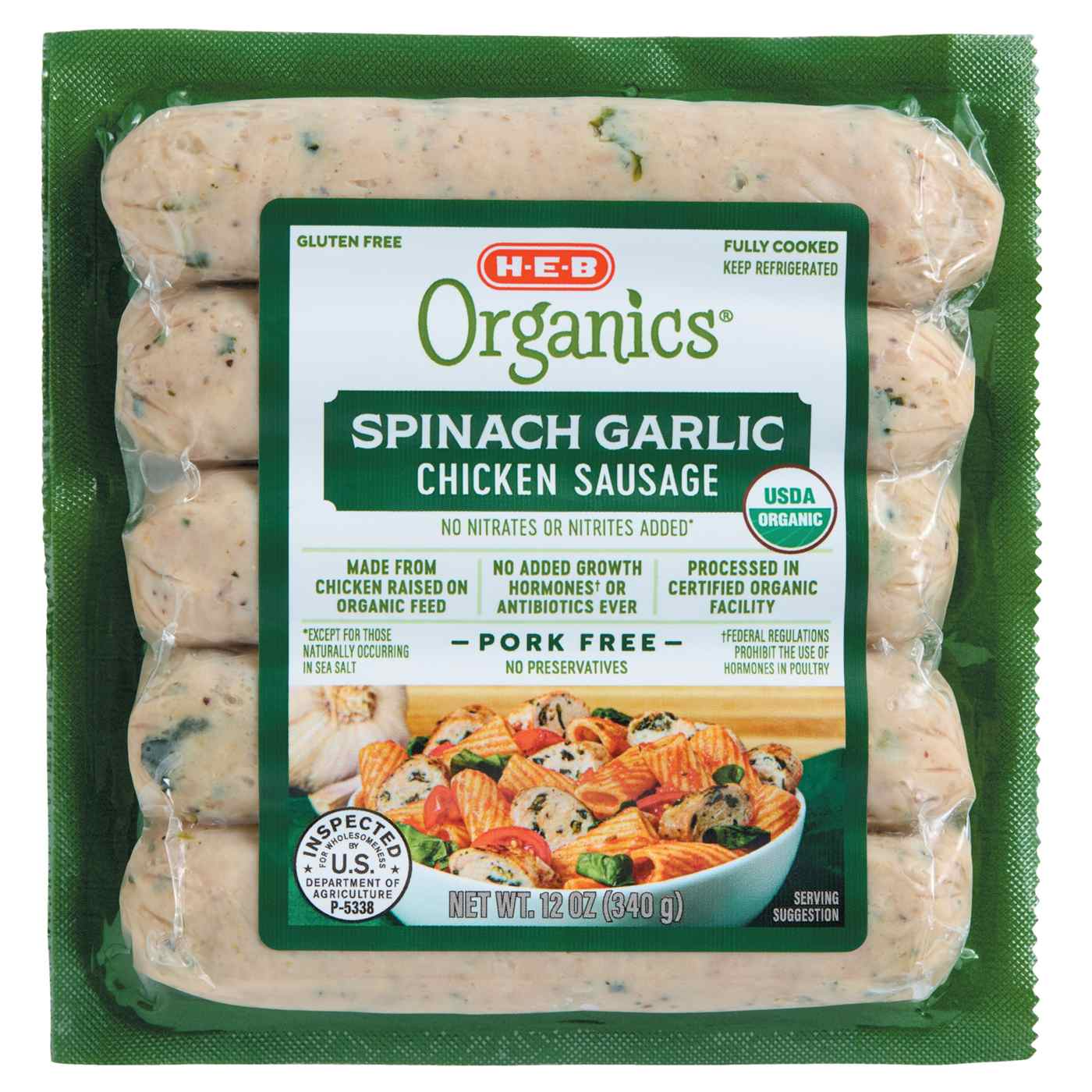 H-E-B Organics Spinach & Garlic Chicken Sausage; image 1 of 2