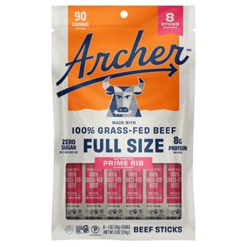 Archer Full Size Zero Sugar 8g Protein Grass-Fed Beef Sticks - Prime Rib, 8 ct