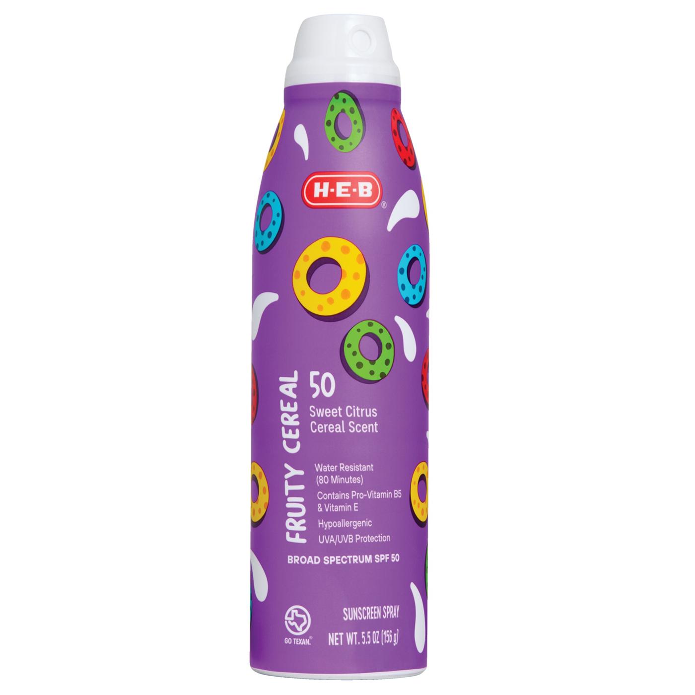 H-E-B Oxybenzone Free Fruity Cereal Sunscreen Spray - SPF 50; image 1 of 2