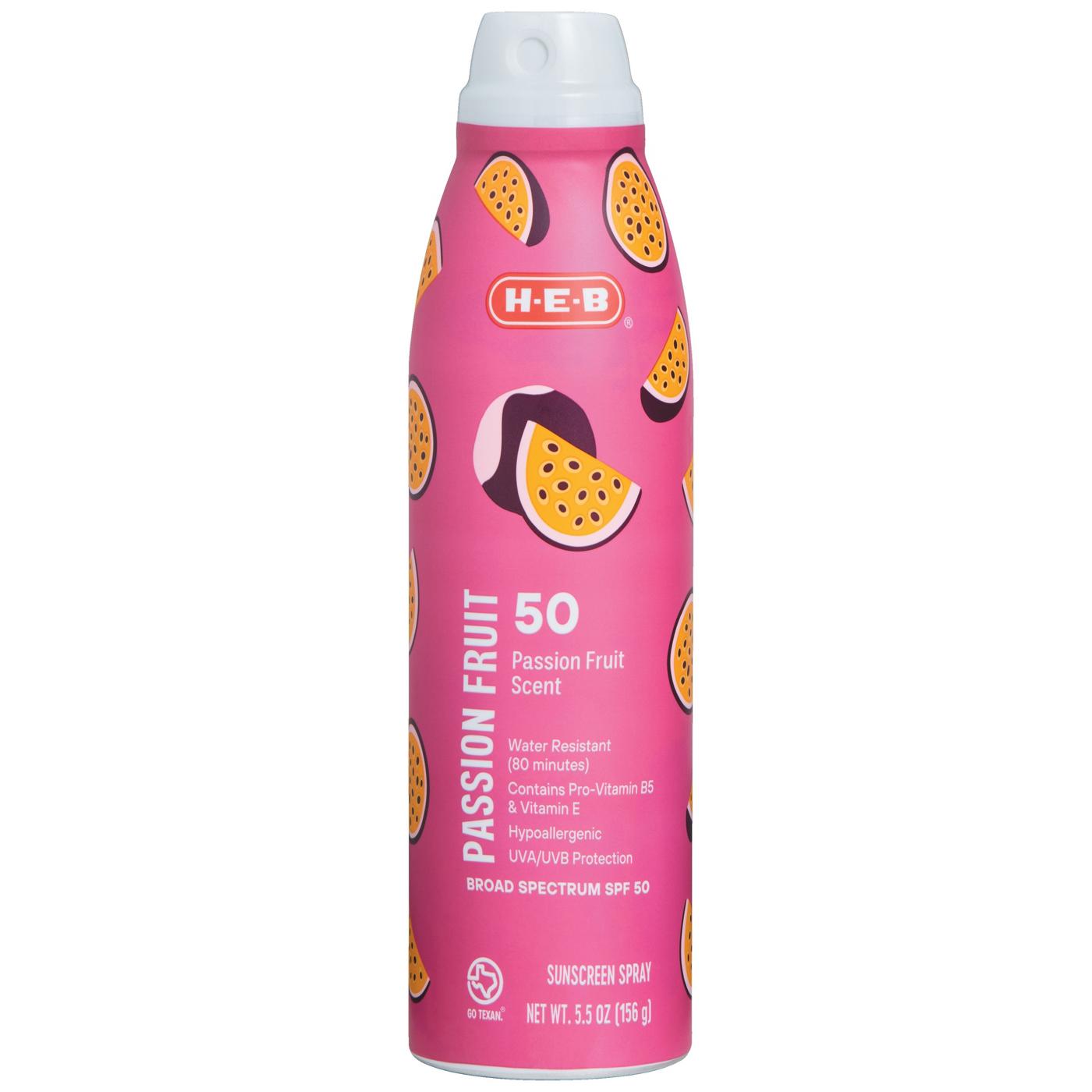 H-E-B Oxybenzone Free Passion Fruit Sunscreen Spray - SPF 50; image 1 of 2