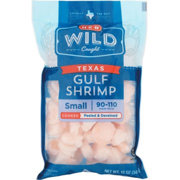 H-E-B Wild Caught Frozen Peeled Small Cooked Texas Gulf Shrimp, 90 - 110 ct/lb, 12 oz