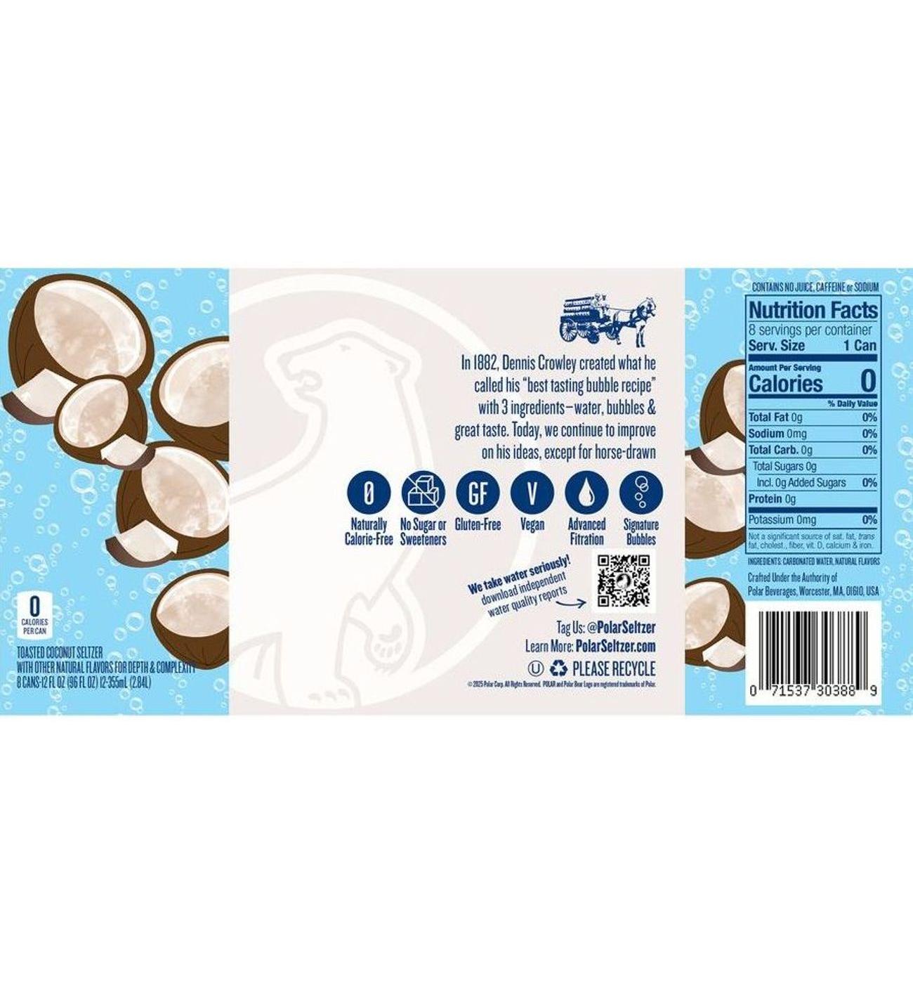 Polar Seltzer Water Toasted Coconut 8 pk Cans; image 2 of 2