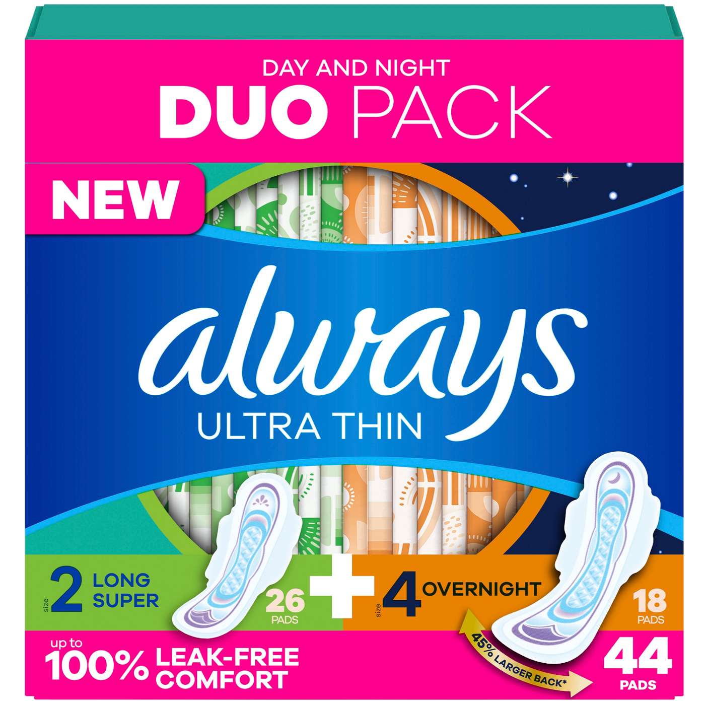 Always Ultra Thin Pads Duo Pack, Feminine Pads with Wings for Women, Size 2 Long Super and 4 Overnight Absorbency, Unscented, 44 CT; image 1 of 10