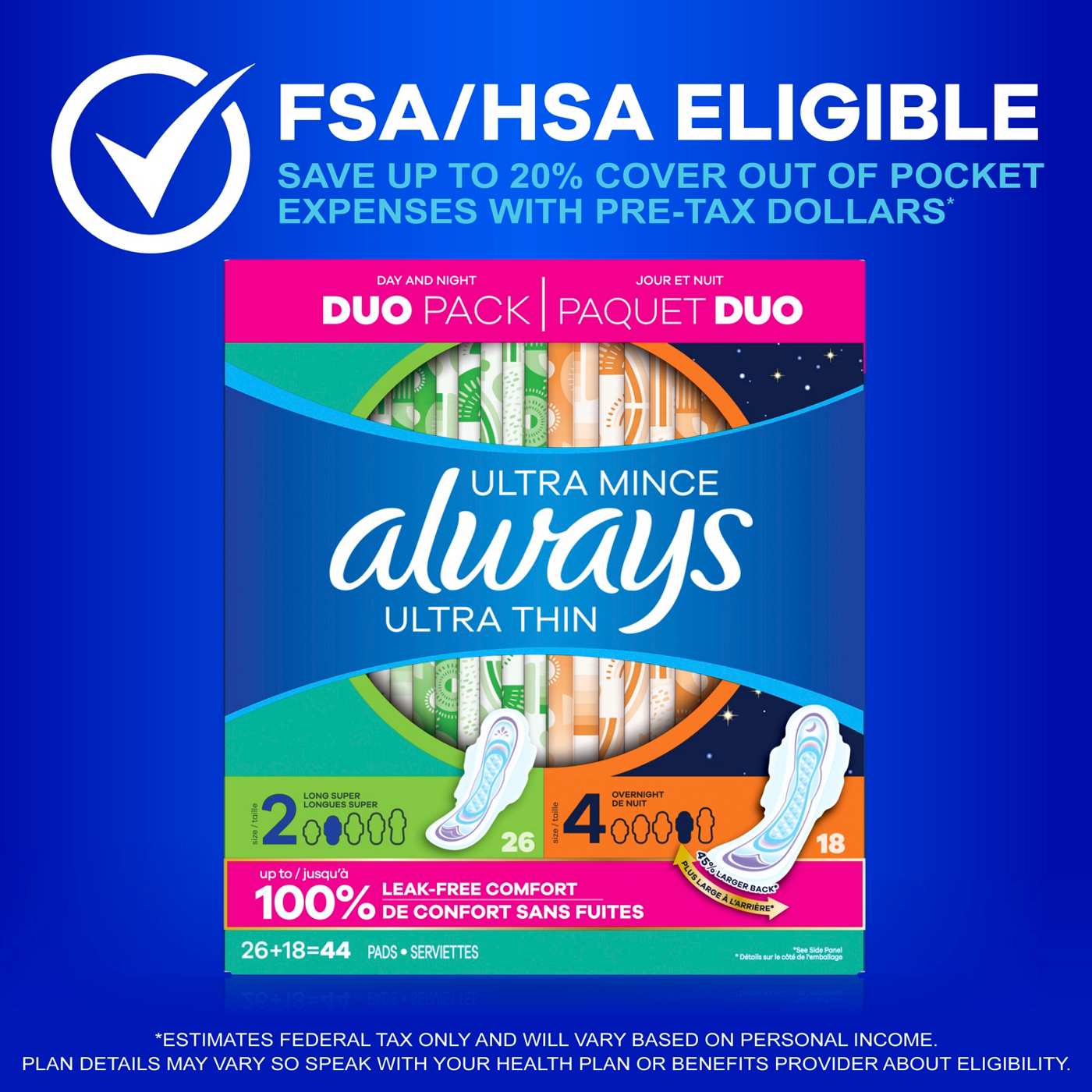 Always Ultra Thin Pads Duo Pack, Feminine Pads with Wings for Women, Size 2 Long Super and 4 Overnight Absorbency, Unscented, 44 CT; image 6 of 10