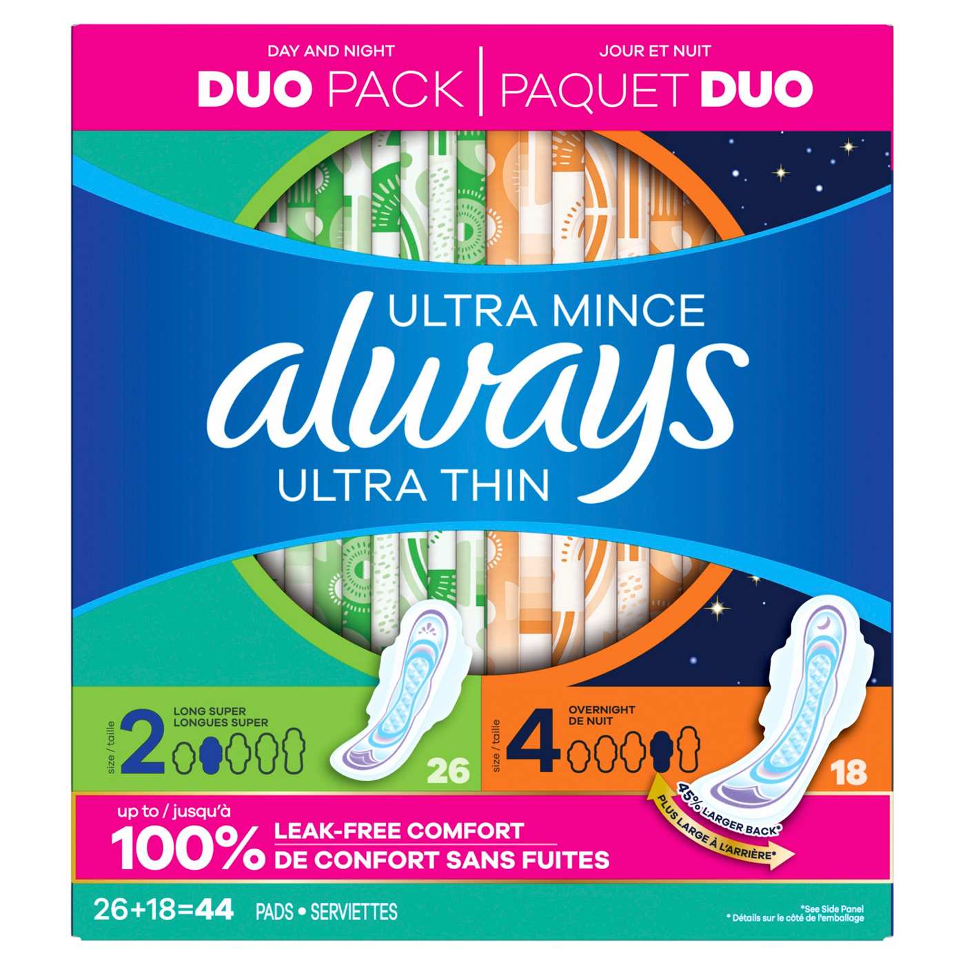 Always Ultra Thin Pads Duo Pack, Feminine Pads with Wings for Women, Size 2 Long Super and 4 Overnight Absorbency, Unscented, 44 CT; image 7 of 10
