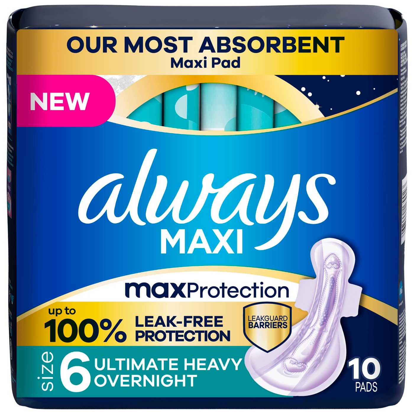 Always Maxi Overnight Pads with Wings for Women, Size 6, Ultimate Heavy Overnight Absorbency, Unscented, 10 Count; image 1 of 8