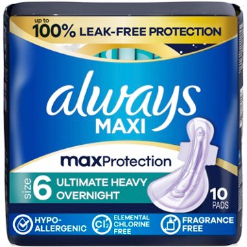 Always Maxi Overnight Pads with Wings for Women, Size 6, Ultimate Heavy Overnight Absorbency, Unscented, 10 Count