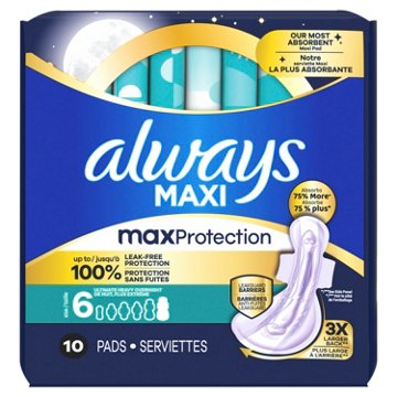 Always Maxi Overnight Pads with Wings for Women, Size 6, Ultimate Heavy Overnight Absorbency, Unscented, 10 Count