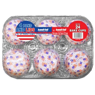 Handi-Foil 4 pk Lidded Foil Muffin Pans with 24 American Flag Baking Cups, 9.6" x 6.3"