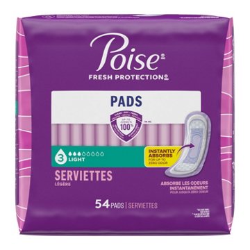 Poise Incontinence Pads, 3 Drop Light Absorbency, Regular Length, 54 ct