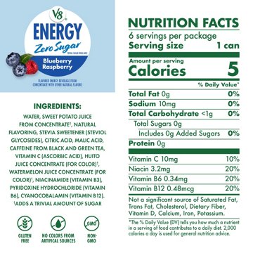 V8 Energy Zero Sugar Blueberry Raspberry 6 pk Cans